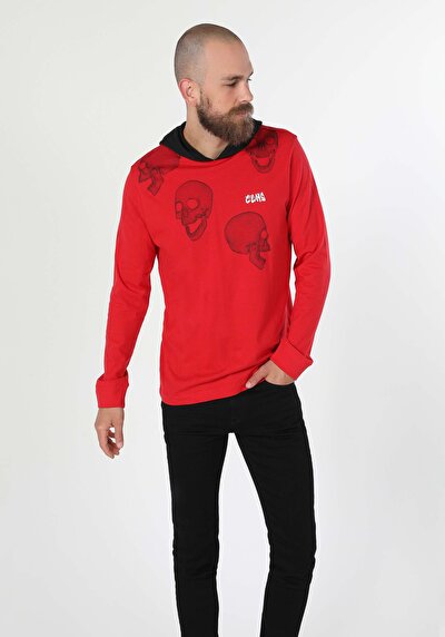 صورة من رقبة مستديرة مستقيم رجالي أحمر كم طويل تي شيرت