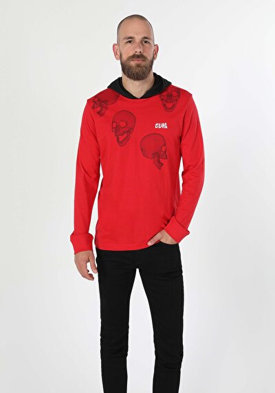 صورة من رقبة مستديرة مستقيم رجالي أحمر كم طويل تي شيرت