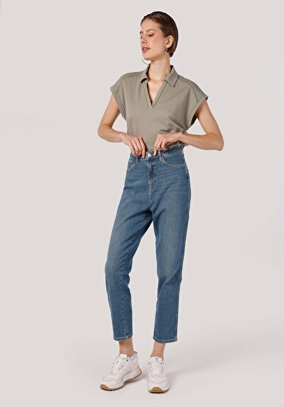 اعرض التفاصيل لـ أمي  ارتفاع الخصر تقلص الساق الجينز النيلي للنساء