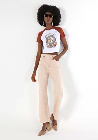 اعرض التفاصيل لـ   خصر عالي ساق مستقيمة نسائي بنطلون جينز بني فاتح