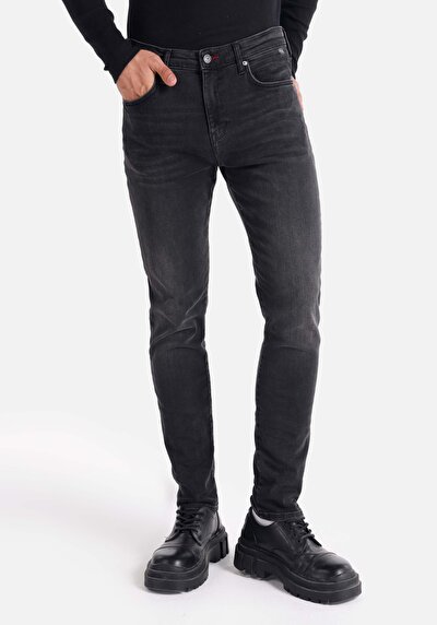 صورة من Skinny Fit Rise Waist ساق ضيقة جينز أسود للرجال