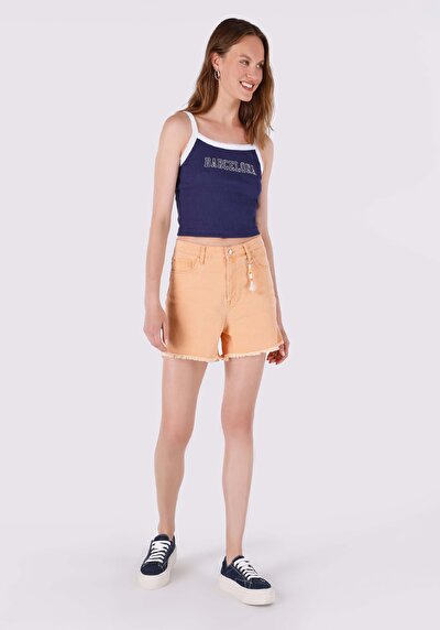 صورة من أمي قصيرة عالية الخصر نسائي برتقالي فاتح جان شورت