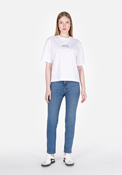 صورة من رقبة مستديرة مطبوعة نسائية أبيض قصيرة أكمام تي شيرت