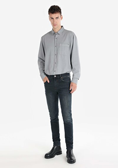 صورة من سليم  خصر منخفض ضيق الساق الجينز الداكن للرجال