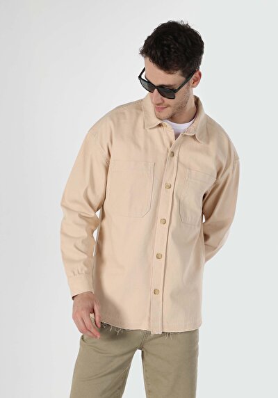 صورة من كبير الحجم  ياقة كلاسيكية مستقيم رجالي بيج كم طويل قميص