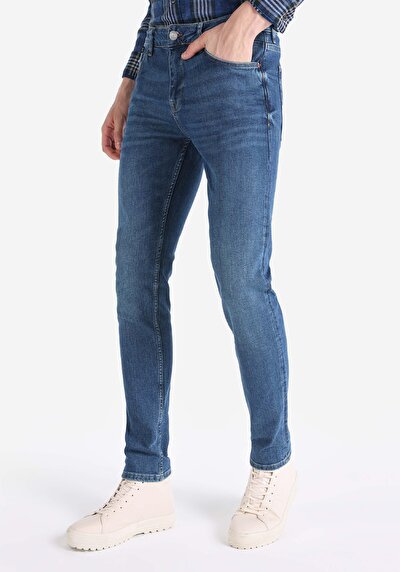 صورة من مستقيم خصر منخفض مستقيم الساق الجينز النيلي للرجال