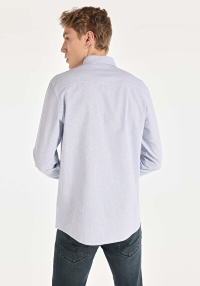 اعرض التفاصيل لـ قميص عادي رقبة مخطط رجالي أزرق كم طويل قميص