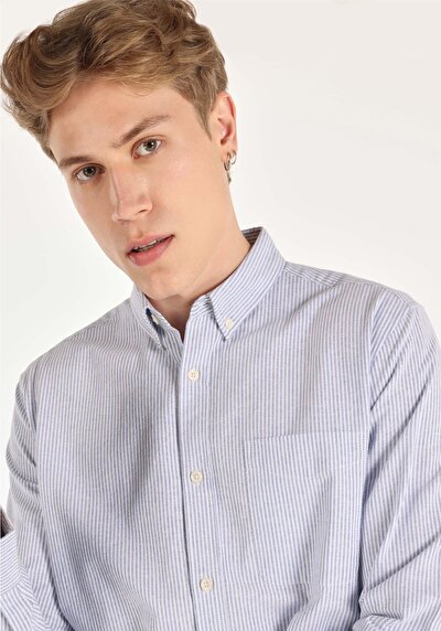 اعرض التفاصيل لـ قميص عادي رقبة مخطط رجالي أزرق كم طويل قميص