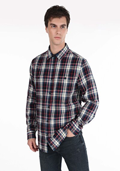 صورة من قميص عادي رقبة منقوشة رجالي أزرق كم طويل قميص