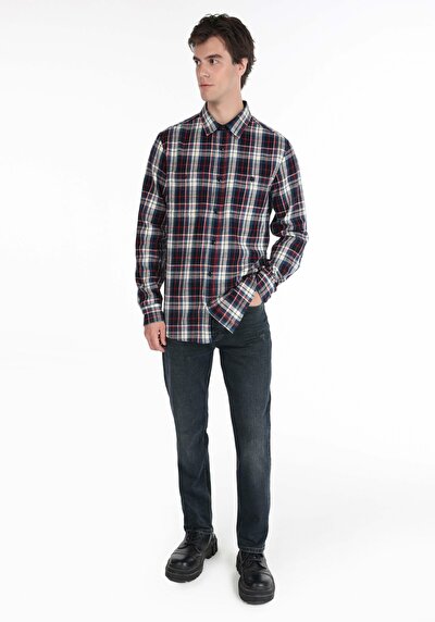 اعرض التفاصيل لـ قميص عادي رقبة منقوشة رجالي أزرق كم طويل قميص