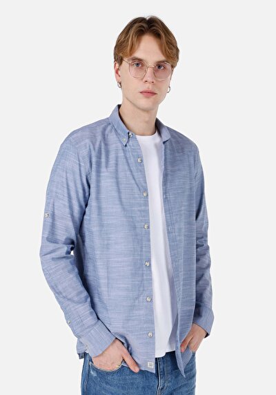 صورة من قميص عادي رقبة مستقيم رجالي أزرق قميص قابل للطي