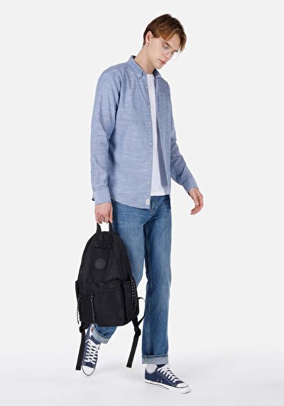 صورة من قميص عادي رقبة مستقيم رجالي أزرق قميص قابل للطي