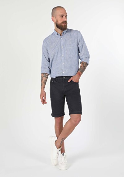 صورة من قميص عادي رقبة مستقيم رجالي أزرق كم طويل قميص