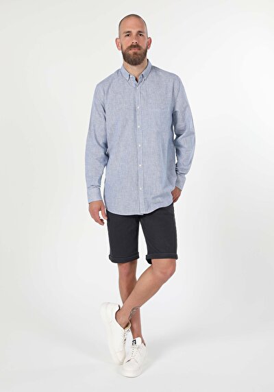 اعرض التفاصيل لـ قميص عادي رقبة مستقيم رجالي أزرق كم طويل قميص