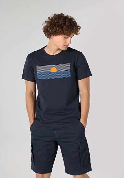 صورة من رقبة مستديرة مستقيم رجالي أزرق كم قصير تي شيرت