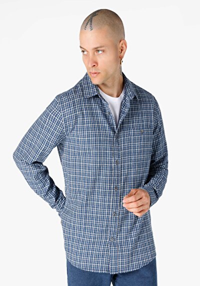 صورة من قميص نحيف رقبة متقلب رجالي أزرق كم طويل قميص