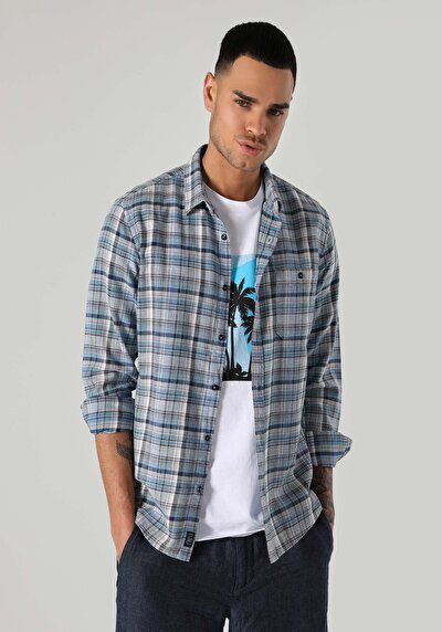 صورة من قميص نحيف رقبة منقوشة رجالي أزرق كم طويل قميص