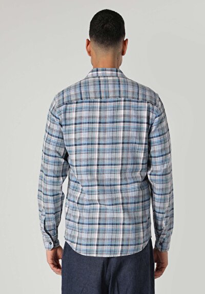 صورة من قميص نحيف رقبة منقوشة رجالي أزرق كم طويل قميص