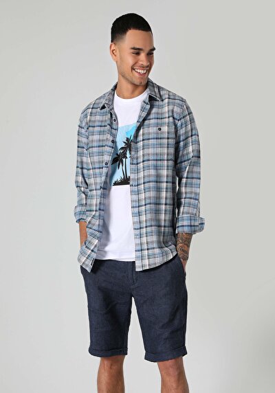 صورة من قميص نحيف رقبة منقوشة رجالي أزرق كم طويل قميص