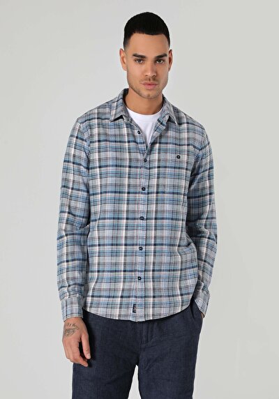 اعرض التفاصيل لـ قميص نحيف رقبة منقوشة رجالي أزرق كم طويل قميص