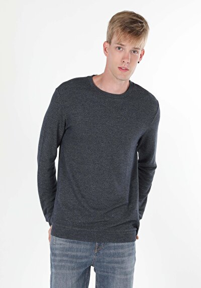 صورة من   رقبة مستديرة مستقيم رجالي أزرق كم طويل تي شيرت