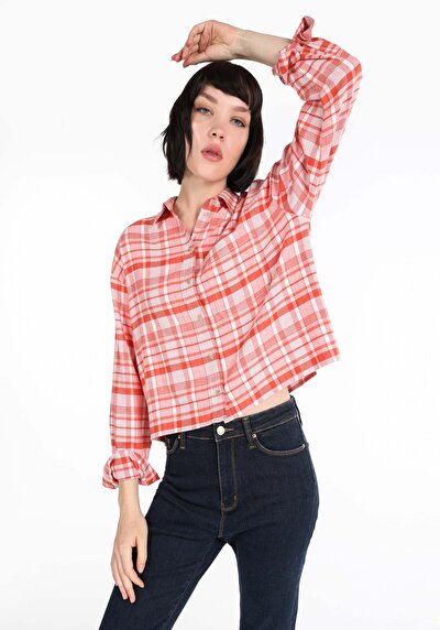 صورة من قميص عادي رقبة منقوشة نسائي برتقالي كم طويل قميص