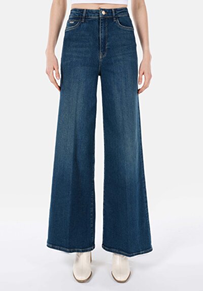 صورة من خصر عالي الساق سوبر عريض الجينز النسائي النيلي