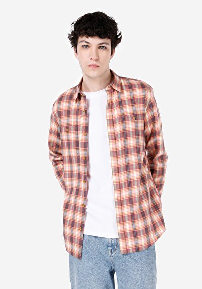 صورة من قميص عادي رقبة منقوشة رجالي وردي كم طويل قميص