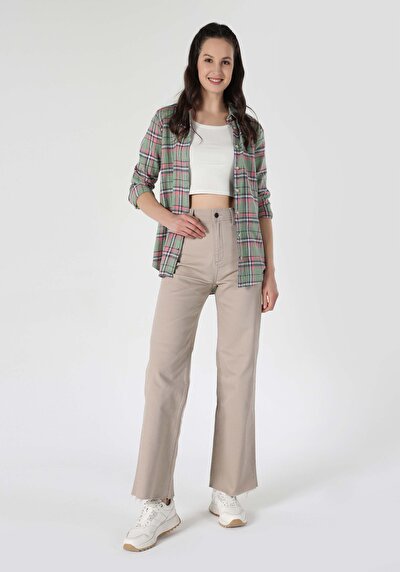 اعرض التفاصيل لـ قميص عادي رقبة منقوشة نسائي أخضر كم طويل قميص