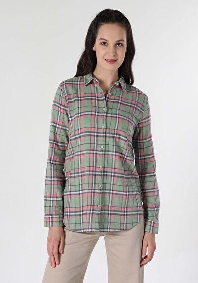 اعرض التفاصيل لـ قميص عادي رقبة منقوشة نسائي أخضر كم طويل قميص