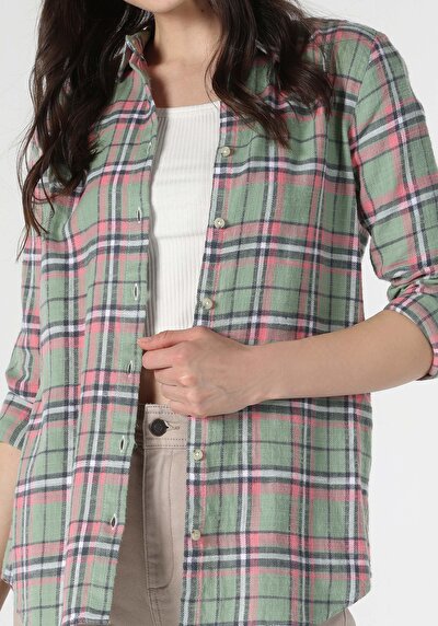 اعرض التفاصيل لـ قميص عادي رقبة منقوشة نسائي أخضر كم طويل قميص