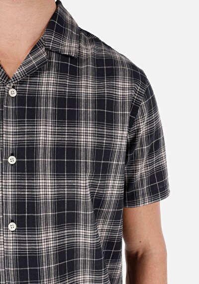 اعرض التفاصيل لـ قميص عادي رقبة منقوشة رجالي أسود قصيرة الأكمام قميص