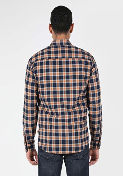 اعرض التفاصيل لـ قميص نحيف رقبة متقلب رجالي أزرق كحلي كم طويل قميص