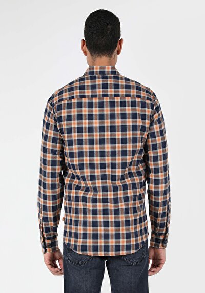 صورة من قميص نحيف رقبة متقلب رجالي أزرق كحلي كم طويل قميص