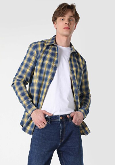 صورة من قميص نحيف رقبة منقوشة رجالي أزرق كم طويل قميص