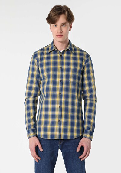 صورة من قميص نحيف رقبة منقوشة رجالي أزرق كم طويل قميص