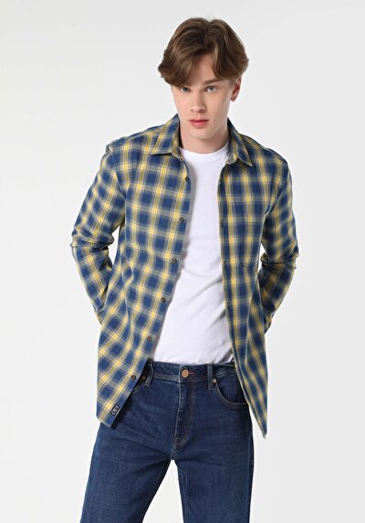 اعرض التفاصيل لـ قميص نحيف رقبة منقوشة رجالي أزرق كم طويل قميص