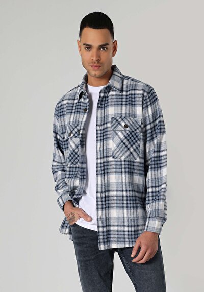 صورة من قميص مريح  رقبة منقوشة رجالي أزرق كم طويل قميص