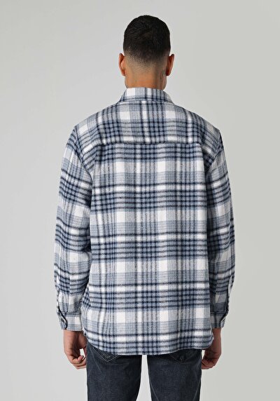 صورة من قميص مريح رقبة منقوشة رجالي أزرق كم طويل قميص