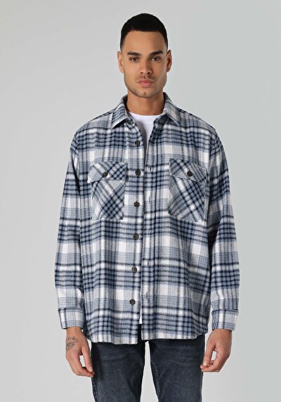 اعرض التفاصيل لـ قميص مريح  رقبة منقوشة رجالي أزرق كم طويل قميص