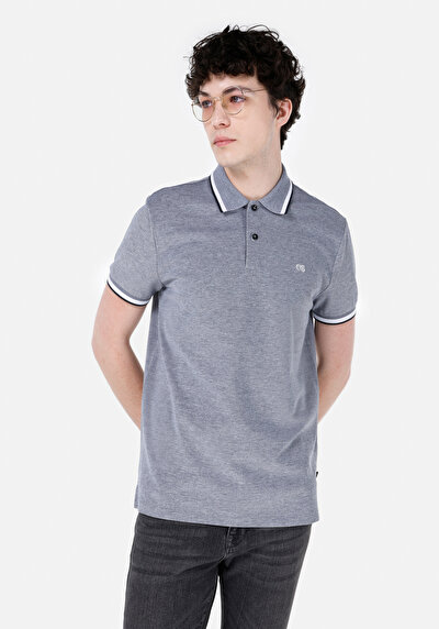 صورة من عادي بولو رقبة مستقيم رجالي أزرق كحلي كم قصير تي شيرت