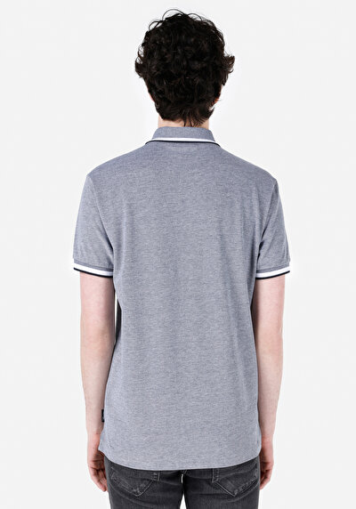 صورة من عادي بولو رقبة مستقيم رجالي أزرق كحلي كم قصير تي شيرت
