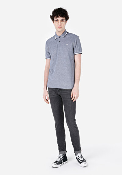 صورة من عادي بولو رقبة مستقيم رجالي أزرق كحلي كم قصير تي شيرت