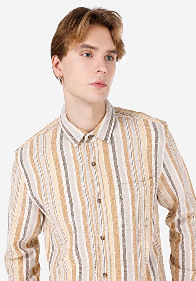 اعرض التفاصيل لـ قميص عادي رقبة مخطط قميص بني كم طويل