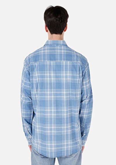 صورة من قميص عادي رقبة منقوشة رجالي أزرق كم طويل قميص