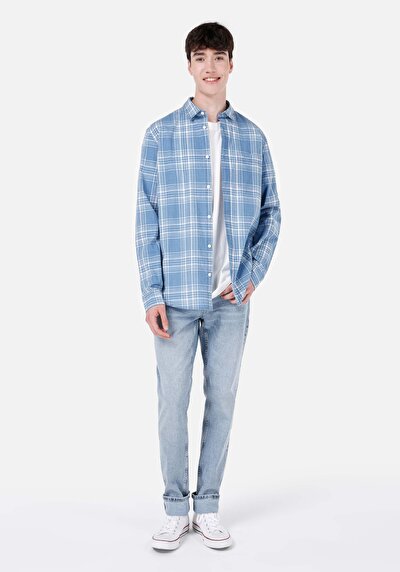 صورة من قميص عادي رقبة منقوشة رجالي أزرق كم طويل قميص