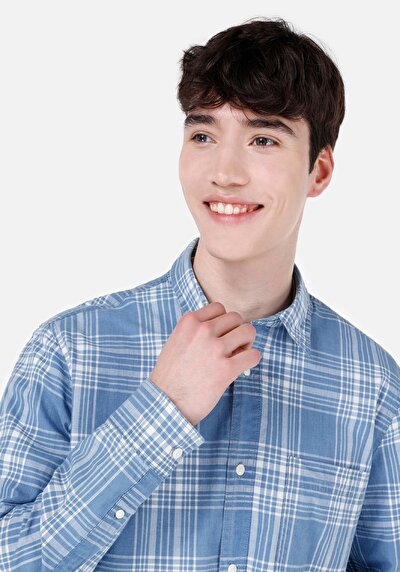 اعرض التفاصيل لـ قميص عادي رقبة منقوشة رجالي أزرق كم طويل قميص