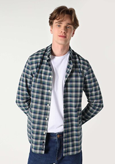 صورة من قميص نحيف رقبة منقوشة رجالي أزرق كحلي كم طويل قميص