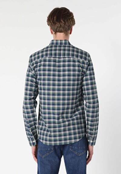 صورة من قميص نحيف رقبة منقوشة رجالي أزرق كحلي كم طويل قميص