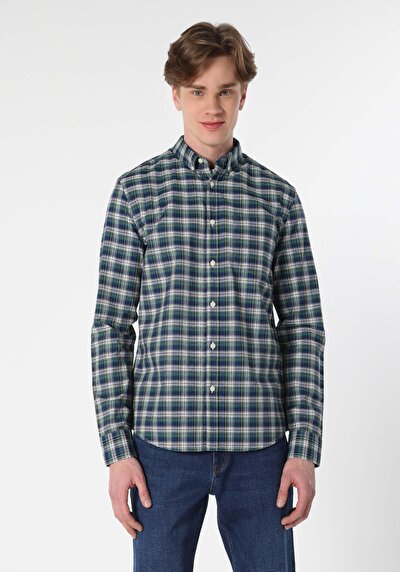 صورة من قميص نحيف رقبة منقوشة رجالي أزرق كحلي كم طويل قميص